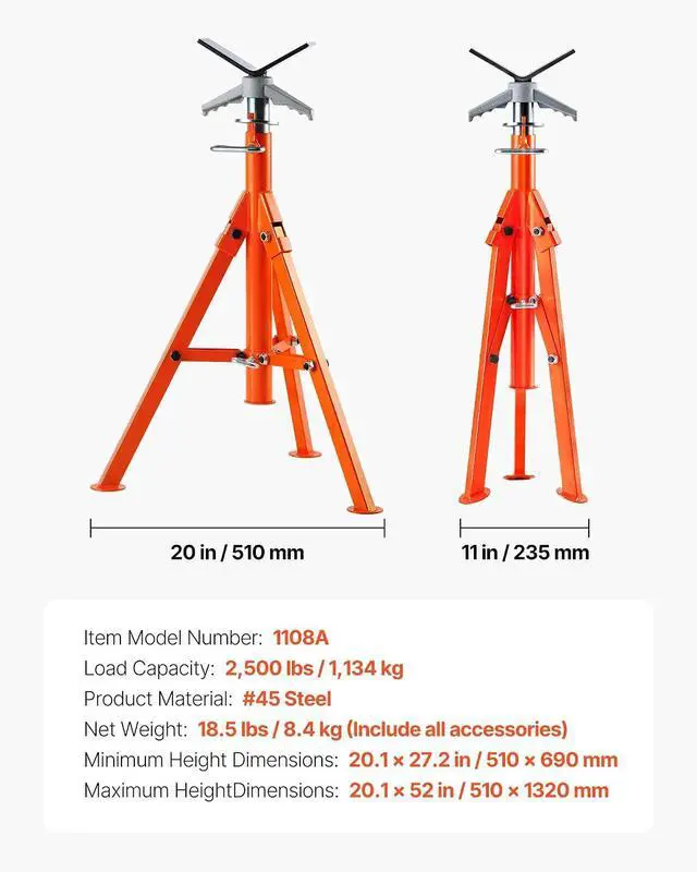 Alt view image 7 of 7 - Pipe Stand, 2500LBS Heavy Duty Pipe Stands, 27.2"-52" Height Adjustable V Head Pipe Stand, 45# Steel Folding Portable Stand for 1/2 in to 12 in Pipes Supporting