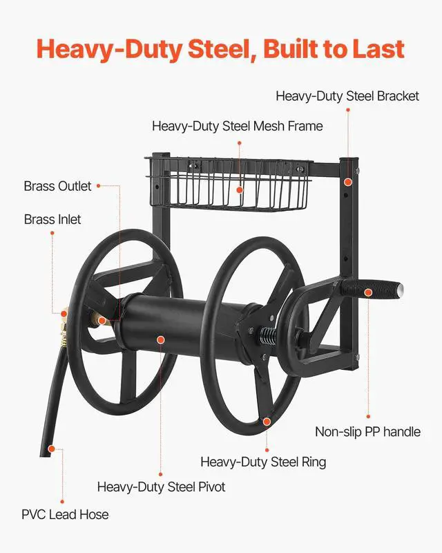 Alt view image 3 of 7 - Wall Mounted Garden Hose Reel, Holds 125 ft 5/8-inch Hose, Heavy-Duty Water Hose Winder, Space-Saving Design, Outdoor Manual Reel with Brass Fitting and Storage Basket for Yard Lawn