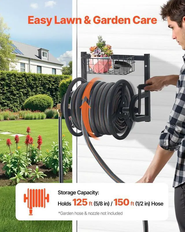 Alt view image 2 of 7 - Wall Mounted Garden Hose Reel, Holds 125 ft 5/8-inch Hose, Heavy-Duty Water Hose Winder, Space-Saving Design, Outdoor Manual Reel with Brass Fitting and Storage Basket for Yard Lawn