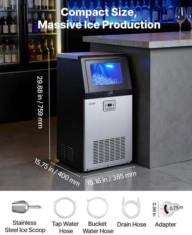 Alt view image 7 of 7 - Commercial Ice Maker Machine, 120 lbs/24h with 30 lbs Storage Capacity, Built-in/Freestanding/Under Counter, Stainless Steel Ice Maker with LED Display & Self-Cleaning, for Home Bar Restaurant