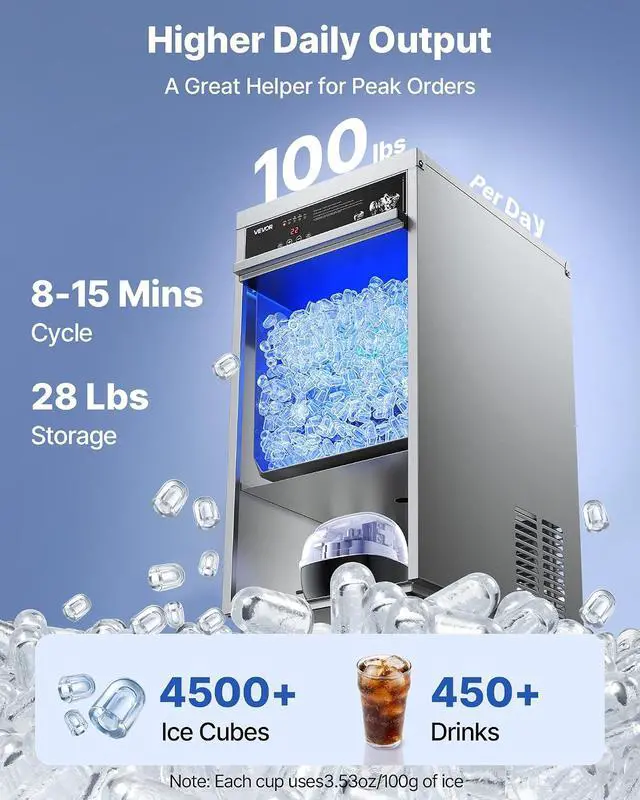Alt view image 2 of 7 - Commercial Ice Maker Machine, 100 lbs/24h with 30-35 lbs Storage, Bullet Ice,Built-in/Freestanding/Under Counter, Stainless Steel Ice Maker with LED Display for Home Bar Restaurant