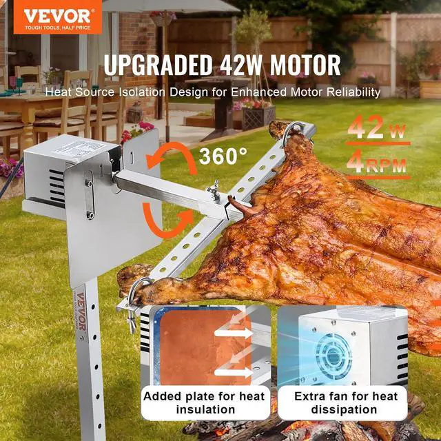 Alt view image 2 of 7 - Electric BBQ Rotisserie Grill Kit, 52 Inch 88 lbs Capacity, Automatic 38W Motor Height Adjustable Universal Roaster Stand, Stainless Steel Grilling Kit, Spit Rod with Heat Shield for Pig Lamb
