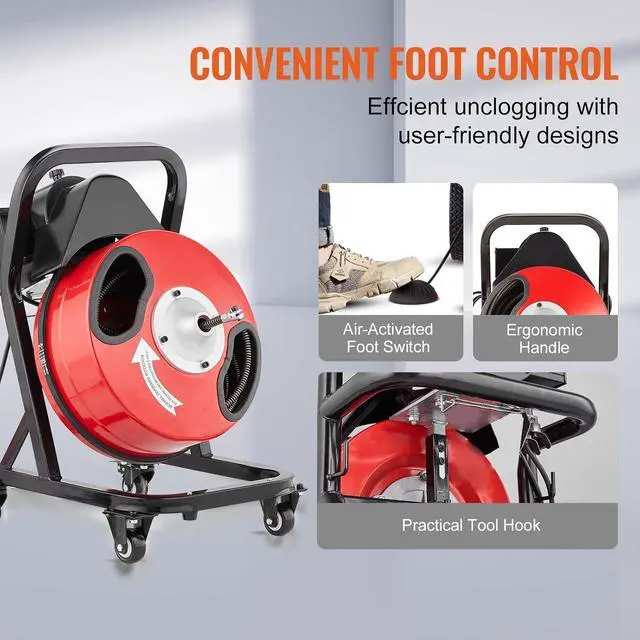 Alt view image 6 of 7 - 50FT x 1/2Inch Sewer Snake Machine, Drain Cleaning Machine on 4 Wheels, Electri Drain Auger with 4 Cutters & Foot Switch for 1''- 4'' Pipes