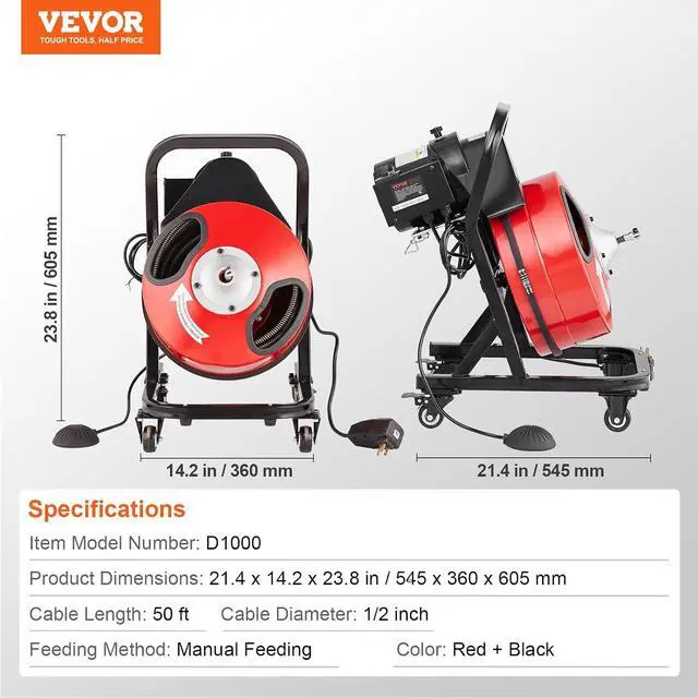 Alt view image 7 of 7 - 50FT x 1/2Inch Sewer Snake Machine, Drain Cleaning Machine on 4 Wheels, Electri Drain Auger with 4 Cutters & Foot Switch for 1''- 4'' Pipes