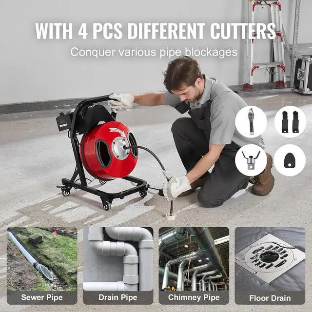 Alt view image 5 of 7 - 50FT x 1/2Inch Sewer Snake Machine, Drain Cleaning Machine on 4 Wheels, Electri Drain Auger with 4 Cutters & Foot Switch for 1''- 4'' Pipes
