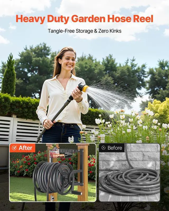 Alt view image 5 of 7 - Wall Mounted Garden Hose Reel, Holds 125 ft 5/8-inch Hose, Heavy-Duty Water Hose Winder, Space-Saving Design, Outdoor Manual Reel with Brass Fitting and Storage Basket for Yard Lawn