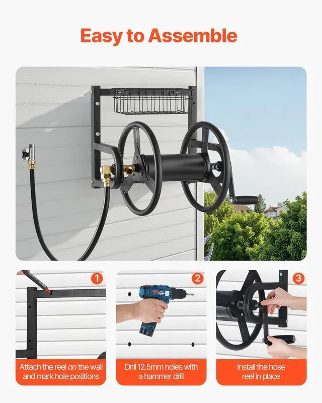 Alt view image 6 of 7 - Wall Mounted Garden Hose Reel, Holds 125 ft 5/8-inch Hose, Heavy-Duty Water Hose Winder, Space-Saving Design, Outdoor Manual Reel with Brass Fitting and Storage Basket for Yard Lawn