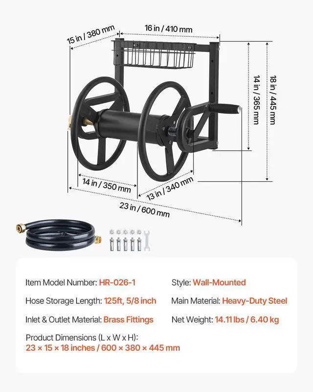 Alt view image 7 of 7 - Wall Mounted Garden Hose Reel, Holds 125 ft 5/8-inch Hose, Heavy-Duty Water Hose Winder, Space-Saving Design, Outdoor Manual Reel with Brass Fitting and Storage Basket for Yard Lawn