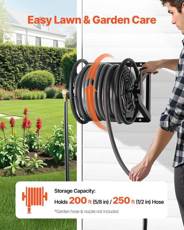 Alt view image 2 of 7 - Wall Mounted Garden Hose Reel, Holds 200 ft 5/8-inch Manual Water Hose Winder, Heavy-Duty Steel, Outdoor Reel with Brass Fitting & 5ft Leader Hose, Space Saving, for Yard Lawn Garage