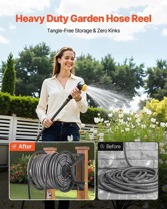 Alt view image 5 of 7 - Wall Mounted Garden Hose Reel, Holds 200 ft 5/8-inch Manual Water Hose Winder, Heavy-Duty Steel, Outdoor Reel with Brass Fitting & 5ft Leader Hose, Space Saving, for Yard Lawn Garage