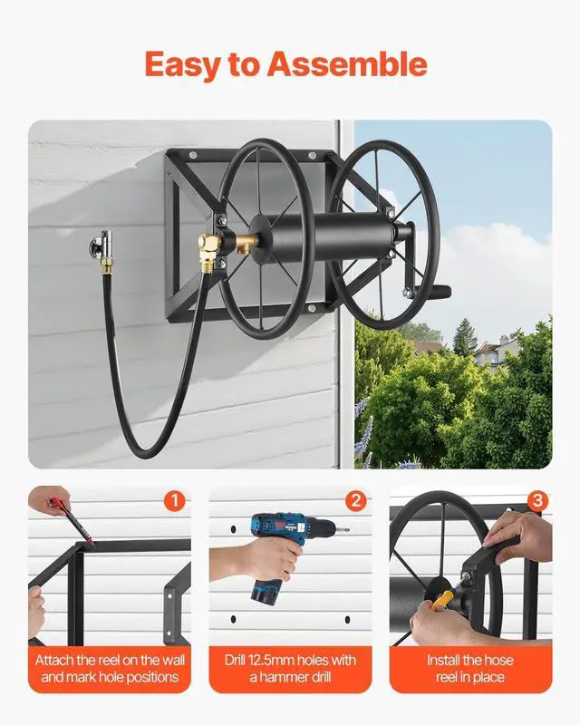 Alt view image 6 of 7 - Wall Mounted Garden Hose Reel, Holds 200 ft 5/8-inch Manual Water Hose Winder, Heavy-Duty Steel, Outdoor Reel with Brass Fitting & 5ft Leader Hose, Space Saving, for Yard Lawn Garage