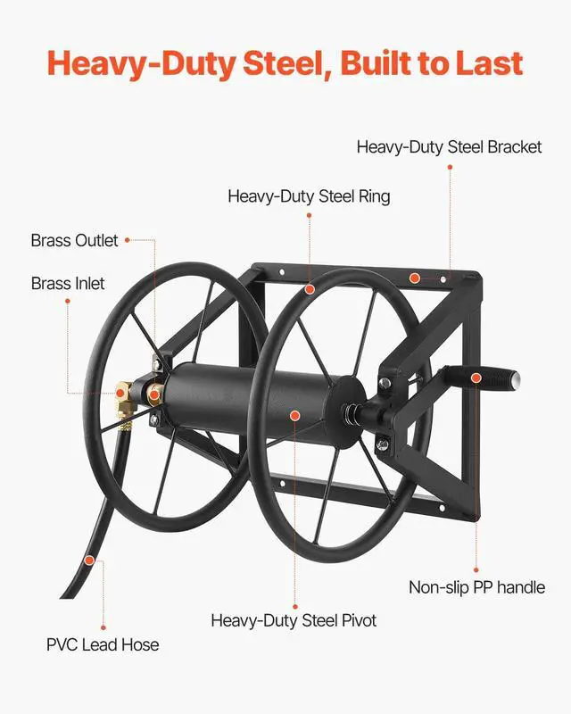 Alt view image 3 of 7 - Wall Mounted Garden Hose Reel, Holds 200 ft 5/8-inch Manual Water Hose Winder, Heavy-Duty Steel, Outdoor Reel with Brass Fitting & 5ft Leader Hose, Space Saving, for Yard Lawn Garage