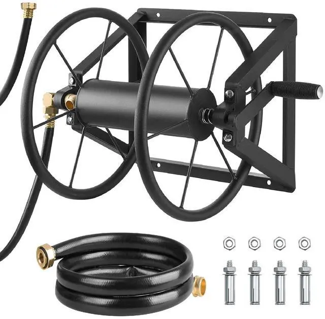 Main image of Wall Mounted Garden Hose Reel, Holds 200 ft 5/8-inch Manual Water Hose Winder, Heavy-Duty Steel, Outdoor Reel with Brass Fitting & 5ft Leader Hose, Space Saving, for Yard Lawn Garage