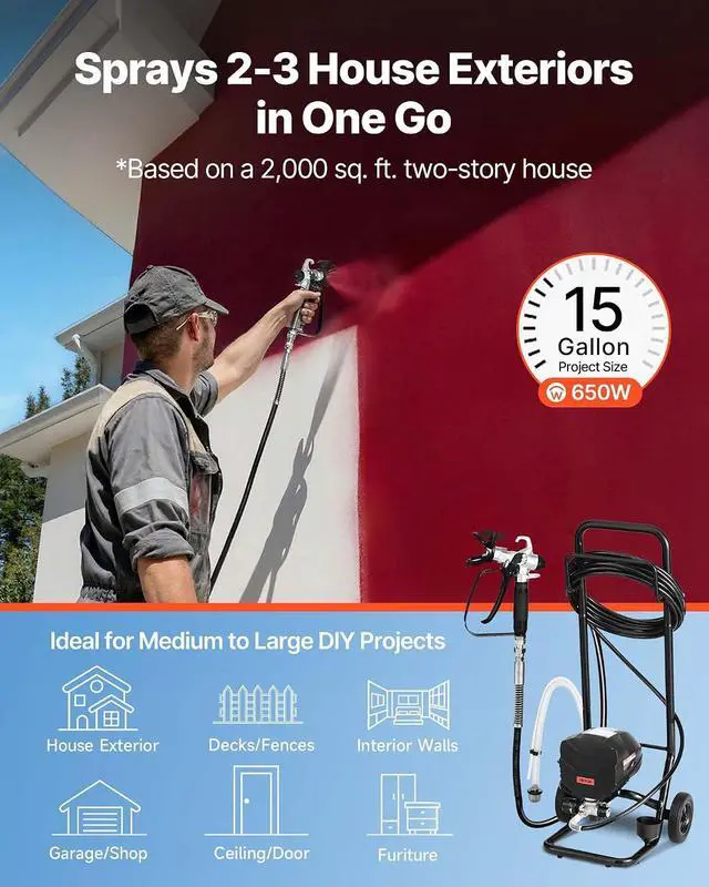 Alt view image 2 of 7 - Stand Airless Paint Sprayer, 650W, 3000PSI High Pressure Airless Sprayer with Cart, Cleaning Brush, Hose, Extension Rod, Nozzles, Electric Spray Paint Machine for House Exterior and Interior