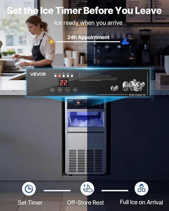 Alt view image 5 of 7 - Commercial Ice Maker Machine, 100 lbs/24h with 30-35 lbs Storage, Bullet Ice,Built-in/Freestanding/Under Counter, Stainless Steel Ice Maker with LED Display for Home Bar Restaurant