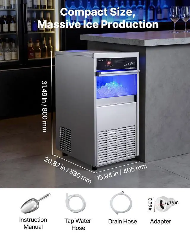 Alt view image 7 of 7 - Commercial Ice Maker Machine, 100 lbs/24h with 30-35 lbs Storage, Bullet Ice,Built-in/Freestanding/Under Counter, Stainless Steel Ice Maker with LED Display for Home Bar Restaurant
