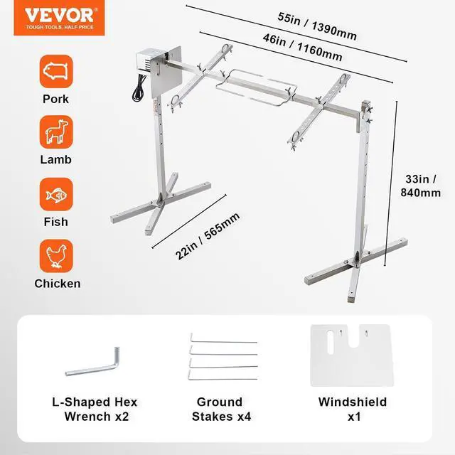 Alt view image 7 of 7 - Electric BBQ Rotisserie Grill Kit, 52 Inch 88 lbs Capacity, Automatic 38W Motor Height Adjustable Universal Roaster Stand, Stainless Steel Grilling Kit, Spit Rod with Heat Shield for Pig Lamb