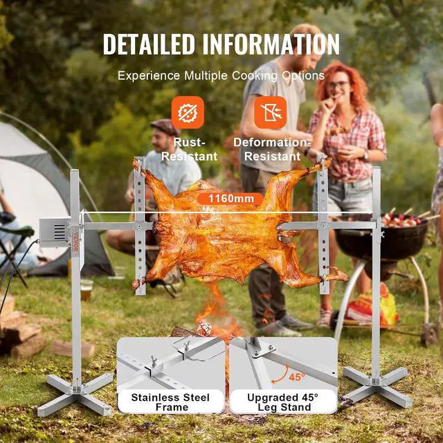 Alt view image 5 of 7 - Electric BBQ Rotisserie Grill Kit, 52 Inch 88 lbs Capacity, Automatic 38W Motor Height Adjustable Universal Roaster Stand, Stainless Steel Grilling Kit, Spit Rod with Heat Shield for Pig Lamb