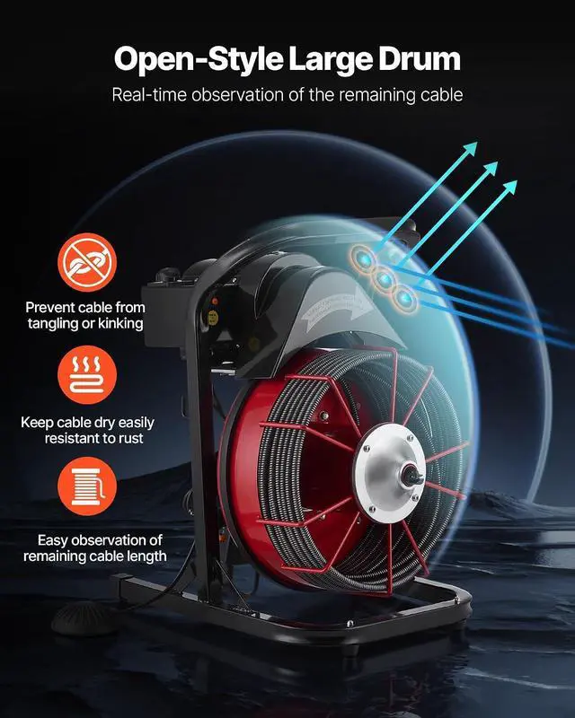 Alt view image 4 of 7 - Drain Cleaner Machine 75 FT x 3/8 Inch, Sewer Snake Auger Manual Feed with 4 Cutters & Air-activated Foot Switch for 2" to 4" Pipes