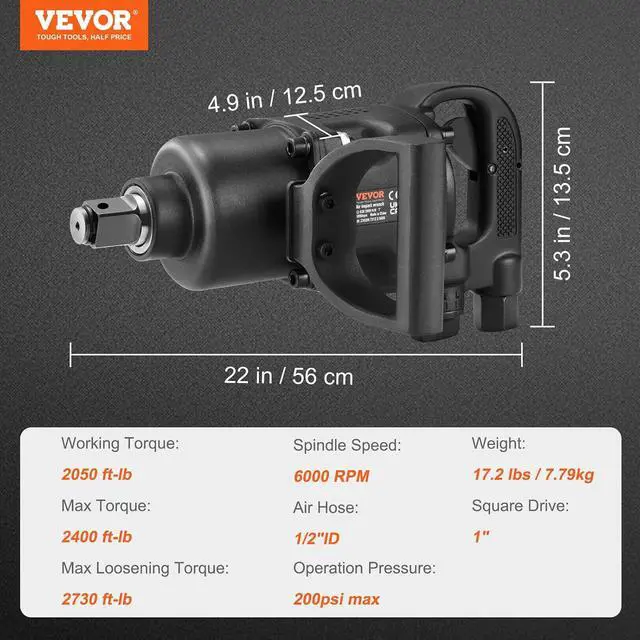 Alt view image 7 of 7 - 1 Inch Air Impact Wrench, Up to 2730 ft-lbs Reverse Torque Output 1" Pneumatic Impact Gun Lightweight w/ 2 Handles for Heavy Duty Repairs and Maintenance