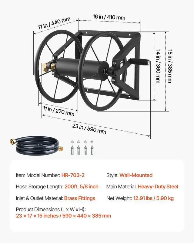 Alt view image 7 of 7 - Wall Mounted Garden Hose Reel, Holds 200 ft 5/8-inch Manual Water Hose Winder, Heavy-Duty Steel, Outdoor Reel with Brass Fitting & 5ft Leader Hose, Space Saving, for Yard Lawn Garage