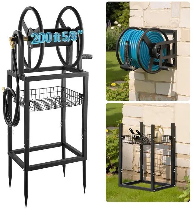 Main image of Freestanding Garden Hose Reel, Holds 200 Feet of 5/8-inch Hose, Wall Mount or Ground Mount, Detachable Holder Stand with Storage Rack, 5 ft Leader Hose, Brass Fitting, 4 Spikes, for Backyards