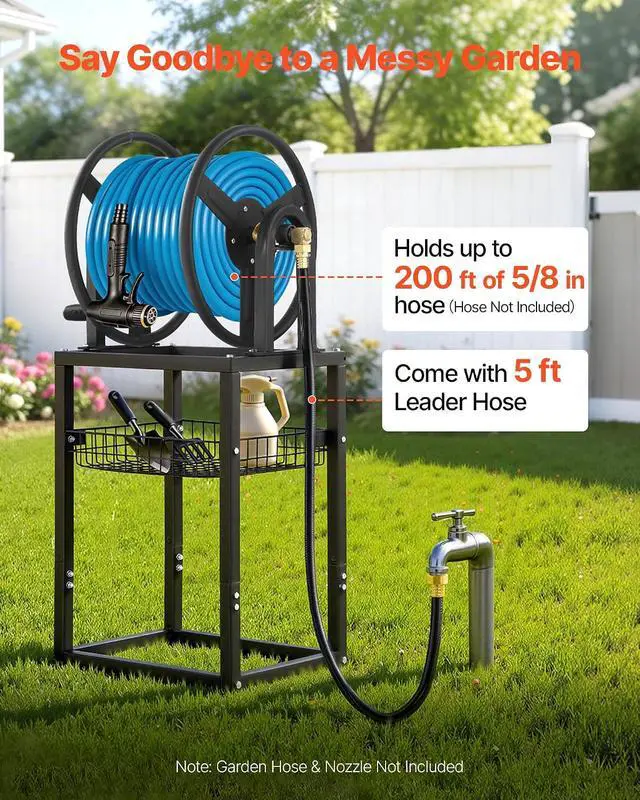 Alt view image 3 of 7 - Freestanding Garden Hose Reel, Holds 200 Feet of 5/8-inch Hose, Wall Mount or Ground Mount, Detachable Holder Stand with Storage Rack, 5 ft Leader Hose, Brass Fitting, 4 Spikes, for Backyards