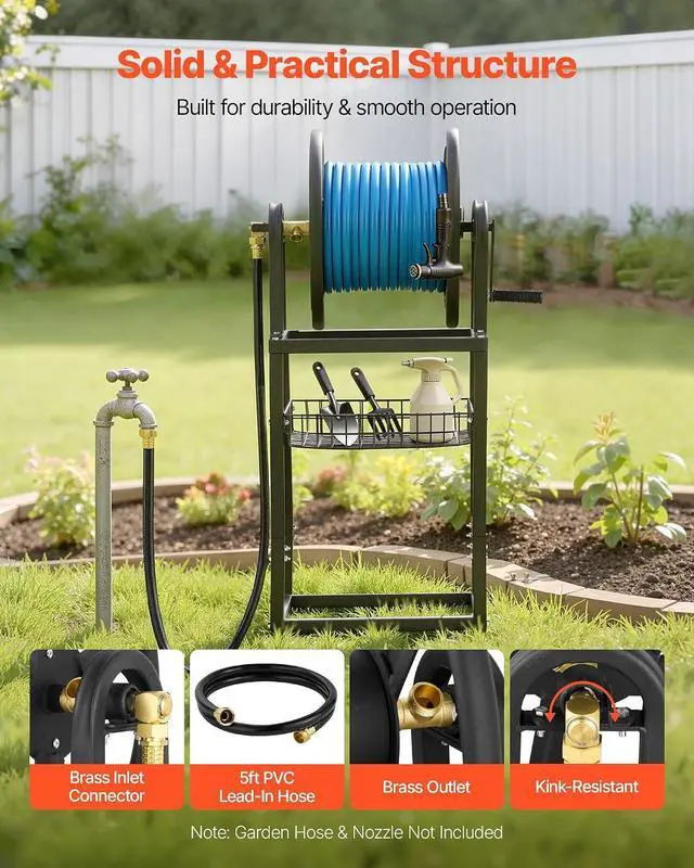 Alt view image 4 of 7 - Freestanding Garden Hose Reel, Holds 200 Feet of 5/8-inch Hose, Wall Mount or Ground Mount, Detachable Holder Stand with Storage Rack, 5 ft Leader Hose, Brass Fitting, 4 Spikes, for Backyards