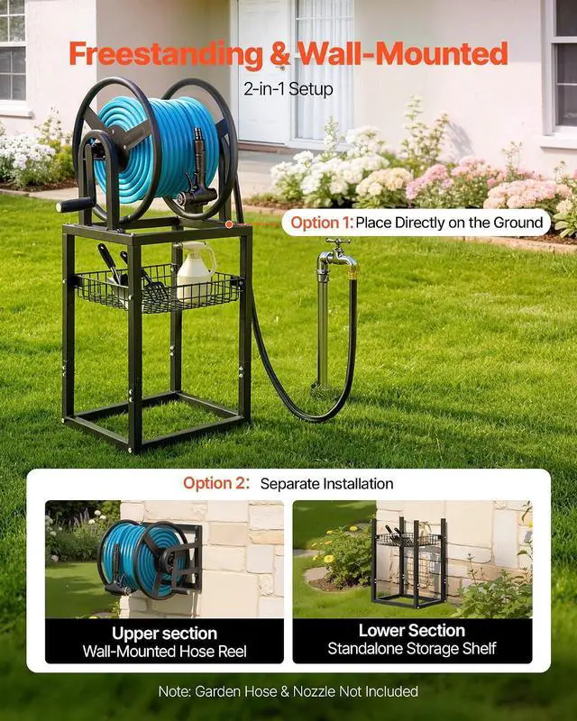 Alt view image 2 of 7 - Freestanding Garden Hose Reel, Holds 200 Feet of 5/8-inch Hose, Wall Mount or Ground Mount, Detachable Holder Stand with Storage Rack, 5 ft Leader Hose, Brass Fitting, 4 Spikes, for Backyards