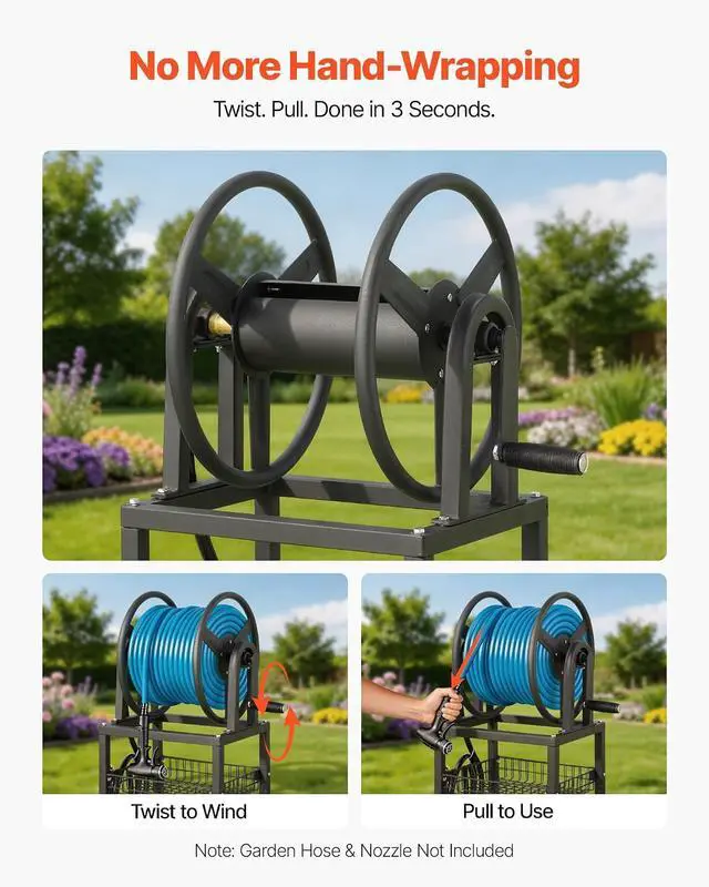 Alt view image 7 of 7 - Freestanding Garden Hose Reel, Holds 200 Feet of 5/8-inch Hose, Wall Mount or Ground Mount, Detachable Holder Stand with Storage Rack, 5 ft Leader Hose, Brass Fitting, 4 Spikes, for Backyards