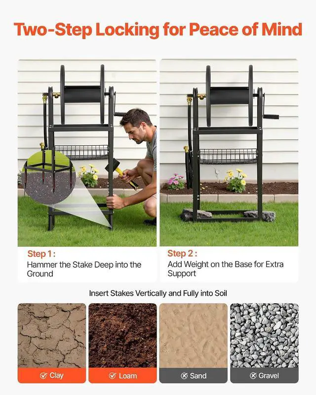Alt view image 6 of 7 - Freestanding Garden Hose Reel, Holds 200 Feet of 5/8-inch Hose, Wall Mount or Ground Mount, Detachable Holder Stand with Storage Rack, 5 ft Leader Hose, Brass Fitting, 4 Spikes, for Backyards