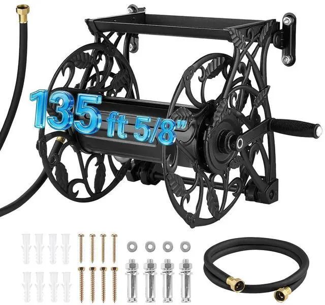 Main image of Wall Mounted Garden Hose Reel, Holds 135 Feet of 5/8-inch Hose, Outdoor Heavy-Duty Waterhose Holder Winder, with Widened Top Tray, Aluminum Alloy Connector, Decorative Pattern, for Backyards