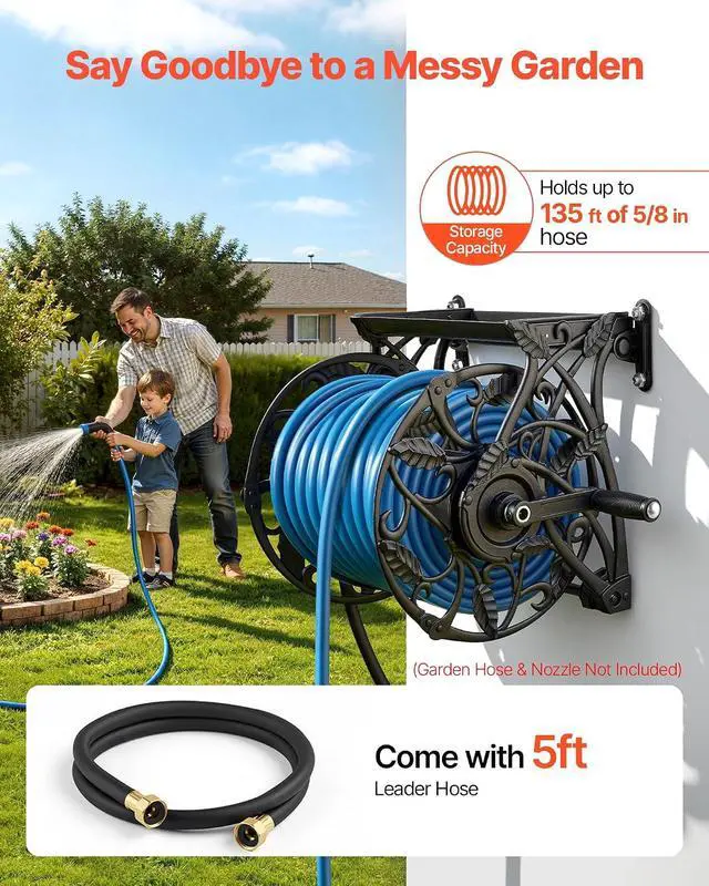 Alt view image 2 of 7 - Wall Mounted Garden Hose Reel, Holds 135 Feet of 5/8-inch Hose, Outdoor Heavy-Duty Waterhose Holder Winder, with Widened Top Tray, Aluminum Alloy Connector, Decorative Pattern, for Backyards