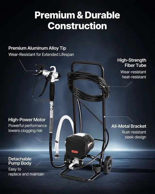 Alt view image 6 of 7 - Stand Airless Paint Sprayer, 650W, 3000PSI High Pressure Airless Sprayer with Cart, Cleaning Brush, Hose, Extension Rod, Nozzles, Electric Spray Paint Machine for House Exterior and Interior
