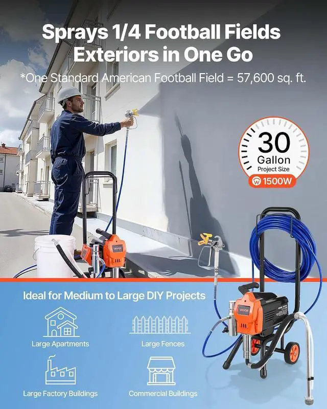 Alt view image 2 of 7 - Stand Airless Paint Sprayer, 1500W, 3300PSI High Pressure Airless Sprayer with Cart, Cleaning Brush, Hose, Extension Rod, Nozzles, Electric Spray Paint Machine for Large Apartments, Buildings