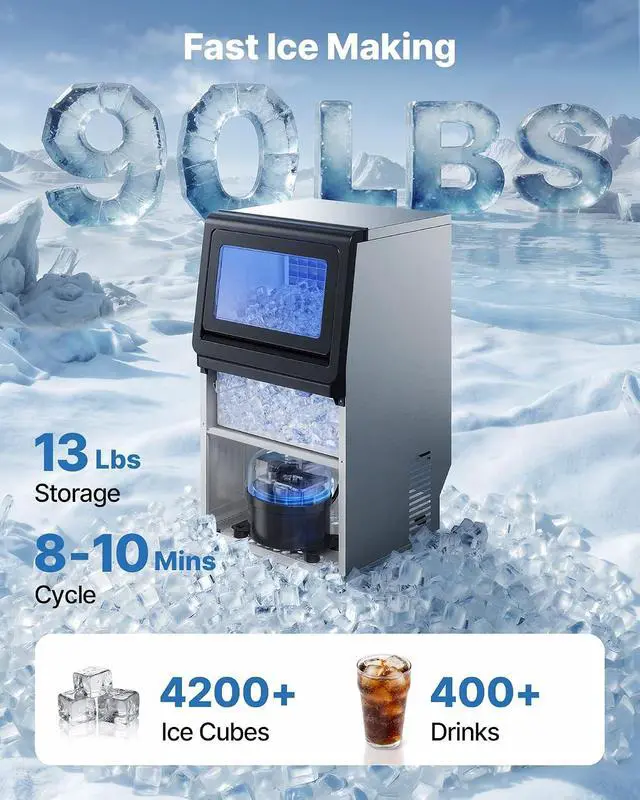 Alt view image 2 of 7 - Commercial Ice Maker Machine, 90 lbs/24h with 13 lbs Storage Capacity, Dual Water Inlet Countertop/Freestanding/Under Counter, Stainless Steel Ice Maker with LED Display, for Home Bar