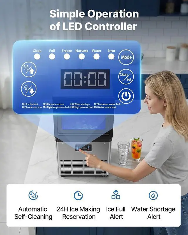 Alt view image 5 of 7 - Commercial Ice Maker Machine, 90 lbs/24h with 13 lbs Storage Capacity, Dual Water Inlet Countertop/Freestanding/Under Counter, Stainless Steel Ice Maker with LED Display, for Home Bar