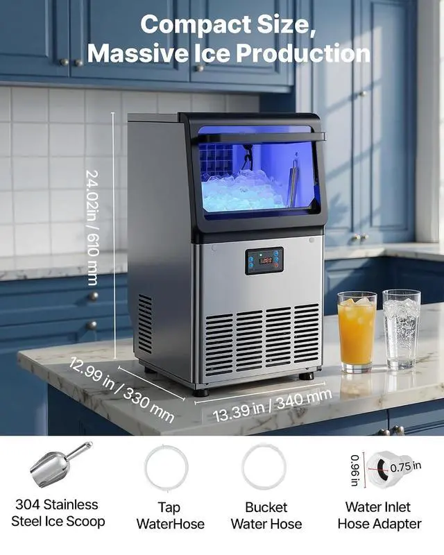 Alt view image 7 of 7 - Commercial Ice Maker Machine, 90 lbs/24h with 13 lbs Storage Capacity, Dual Water Inlet Countertop/Freestanding/Under Counter, Stainless Steel Ice Maker with LED Display, for Home Bar