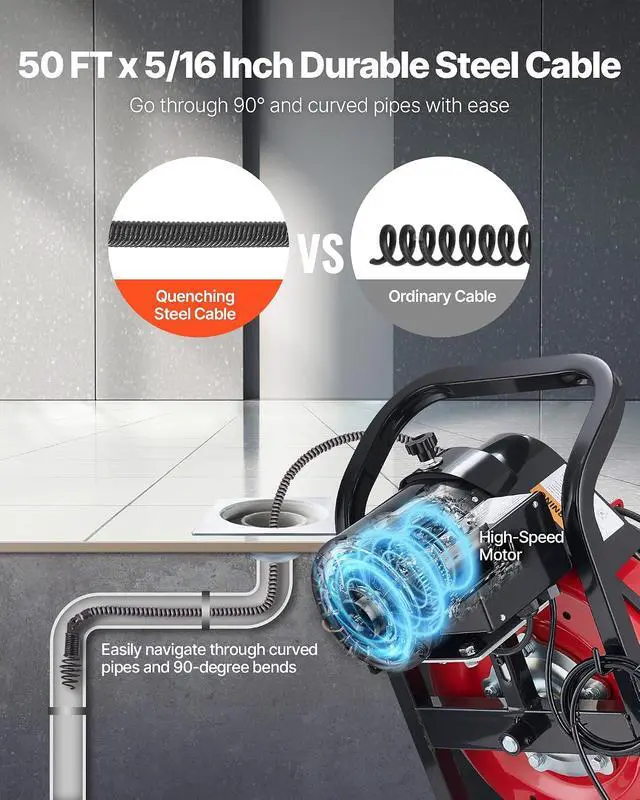 Alt view image 3 of 7 - Drain Cleaner Machine 50 FT x 5/16 Inch, Auto Feed Sewer Snake Auger with 4 Cutters & Air-Activated Foot Switch for 2" to 4" Pipes