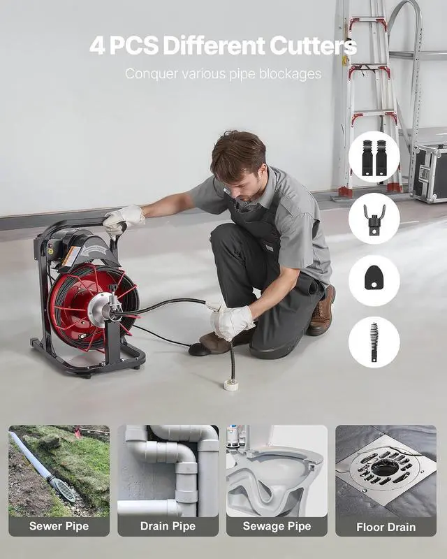 Alt view image 5 of 7 - Drain Cleaner Machine 50 FT x 5/16 Inch, Auto Feed Sewer Snake Auger with 4 Cutters & Air-Activated Foot Switch for 2" to 4" Pipes