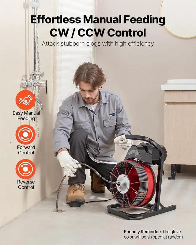 Alt view image 2 of 7 - 50FT x 1/2 Inch Drain Cleaning Machine, 250W Electric Drain Auger, Portable Sewer Snake Auger Cleaner with Cutters & Air-Activated Foot Switch for 1" to 4" Pipes, Black, Red