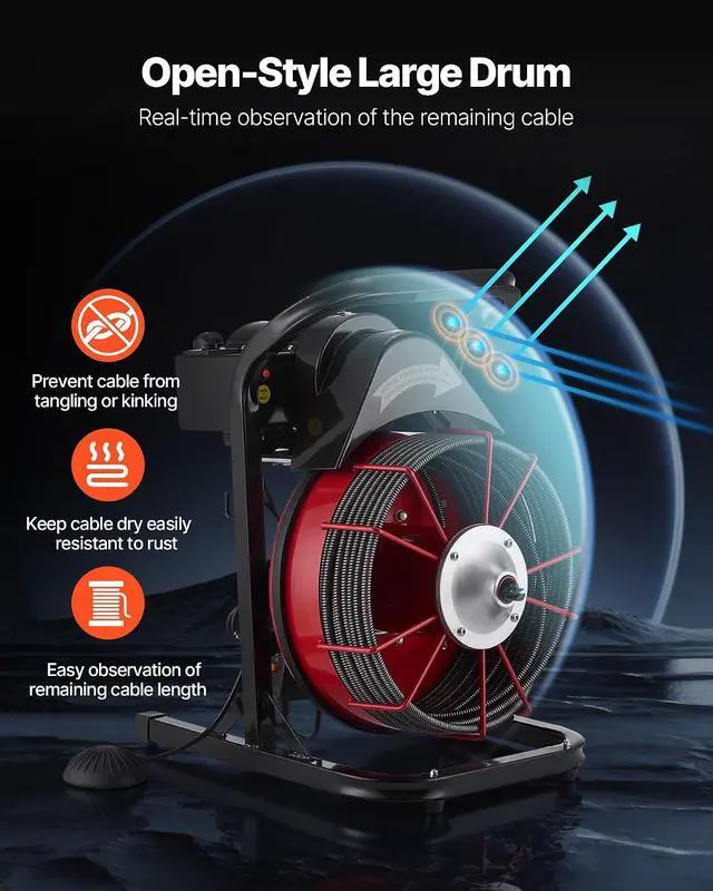 Alt view image 4 of 7 - 50FT x 1/2 Inch Drain Cleaning Machine, 250W Electric Drain Auger, Portable Sewer Snake Auger Cleaner with Cutters & Air-Activated Foot Switch for 1" to 4" Pipes, Black, Red