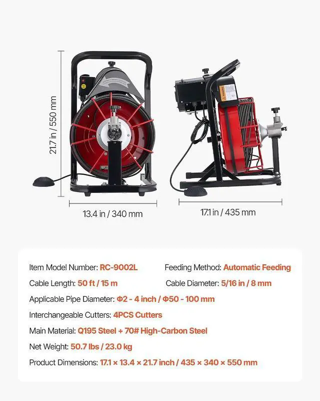 Alt view image 7 of 7 - Drain Cleaner Machine 50 FT x 5/16 Inch, Auto Feed Sewer Snake Auger with 4 Cutters & Air-Activated Foot Switch for 2" to 4" Pipes