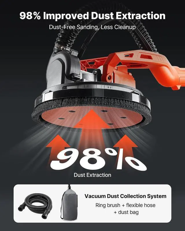 Alt view image 3 of 7 - Cordless Drywall Sander, 450W Electric Sander, Popcorn Ceiling Removal Tool with Vacuum Dust Collection, 7 Variable Speed 0-1600 RPM, LED Light, Foldable & Extendable Handle, 15 Sanding Discs