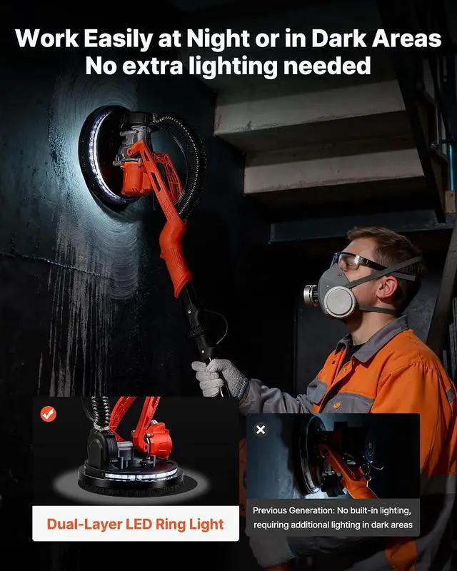 Alt view image 5 of 7 - Cordless Drywall Sander, 450W Electric Sander, Popcorn Ceiling Removal Tool with Vacuum Dust Collection, 7 Variable Speed 0-1600 RPM, LED Light, Foldable & Extendable Handle, 15 Sanding Discs