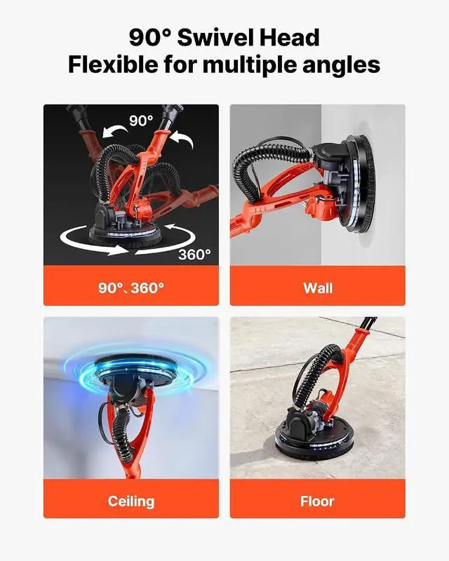 Alt view image 4 of 7 - Cordless Drywall Sander, 450W Electric Sander, Popcorn Ceiling Removal Tool with Vacuum Dust Collection, 7 Variable Speed 0-1600 RPM, LED Light, Foldable & Extendable Handle, 15 Sanding Discs