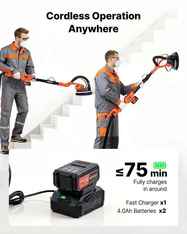 Alt view image 6 of 7 - Cordless Drywall Sander, 450W Electric Sander, Popcorn Ceiling Removal Tool with Vacuum Dust Collection, 7 Variable Speed 0-1600 RPM, LED Light, Foldable & Extendable Handle, 15 Sanding Discs