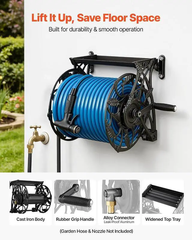 Alt view image 3 of 7 - Wall Mounted Garden Hose Reel, Holds 135 Feet of 5/8-inch Hose, Outdoor Heavy-Duty Waterhose Holder Winder, with Widened Top Tray, Aluminum Alloy Connector, Decorative Pattern, for Backyards
