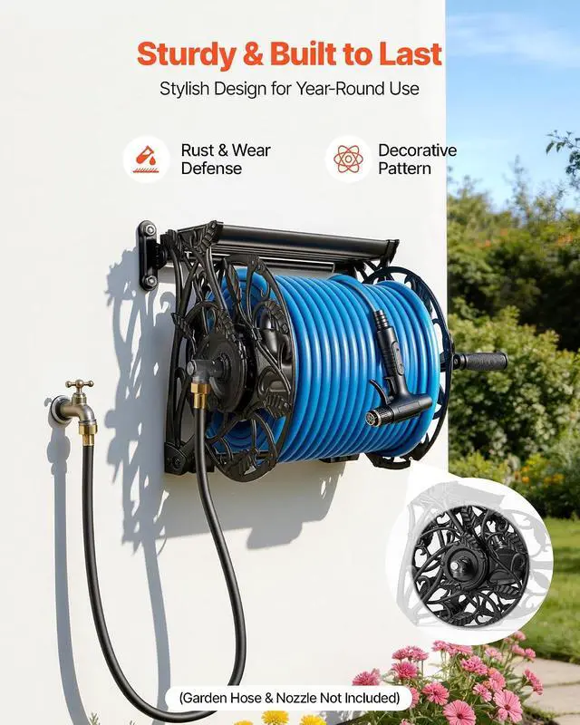 Alt view image 4 of 7 - Wall Mounted Garden Hose Reel, Holds 135 Feet of 5/8-inch Hose, Outdoor Heavy-Duty Waterhose Holder Winder, with Widened Top Tray, Aluminum Alloy Connector, Decorative Pattern, for Backyards