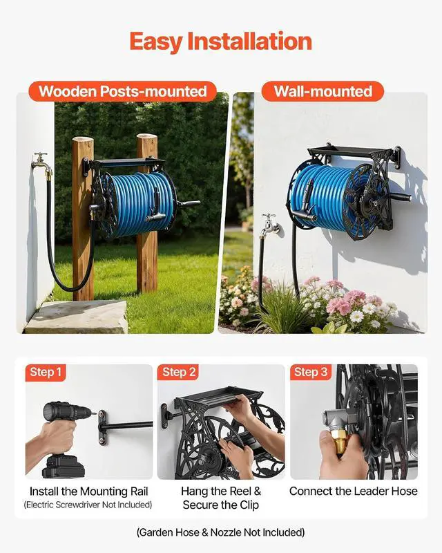 Alt view image 5 of 7 - Wall Mounted Garden Hose Reel, Holds 135 Feet of 5/8-inch Hose, Outdoor Heavy-Duty Waterhose Holder Winder, with Widened Top Tray, Aluminum Alloy Connector, Decorative Pattern, for Backyards